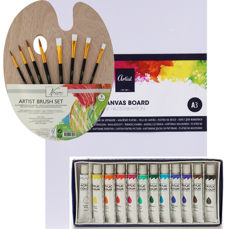 Hobby painting set acrylic paint and 8x brushes with 2x canvas 40 x 30 cm